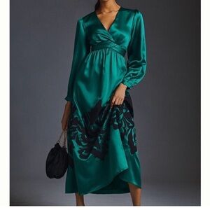Anthropologie emerald embroidered Floral Dress